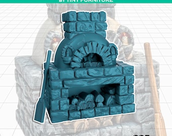 May include: A teal-colored miniature bread oven made of brick-like material. The oven has a rounded top and a rectangular base with a space for logs. The text "BREAD OVEN BY TINY FURNITURE" is at the top. A long, flat tool and a broom are next to the oven.