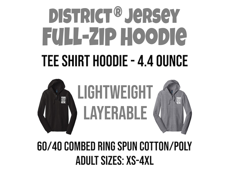 May include: Black and gray full-zip hoodies with the text "YOUR TEXT HERE" on the front. The hoodies are lightweight and made of 60/40 combed ring spun cotton/poly. Adult sizes: XS-4XL.