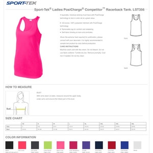 May include: Pink racerback tank top with the text "Sport-Tek&reg; Ladies PosiCharge&reg; Competitor&trade; Racerback Tank. LST356" and a size chart.