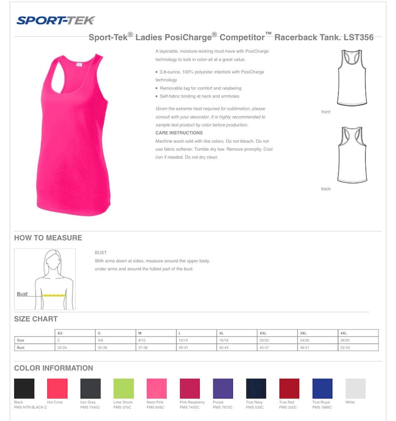 May include: Pink racerback tank top with the text "Sport-Tek&reg; Ladies PosiCharge&reg; Competitor&trade; Racerback Tank. LST356" and a size chart.