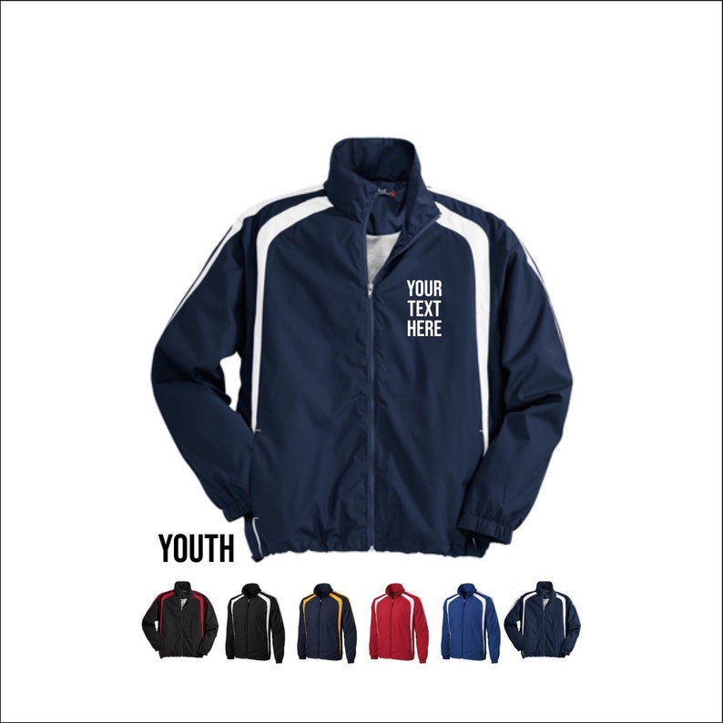May include: A navy blue youth-sized windbreaker jacket with white stripes down the sleeves and a white zipper. The jacket has a white embroidered text that says "YOUR TEXT HERE". The jacket is shown in multiple colors: black, navy, red, yellow, and blue.