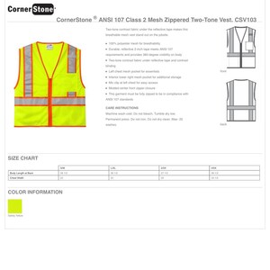 May include: A safety vest with a yellow and orange color scheme. The vest is made of mesh material and has a zipper closure. The vest is labeled as ANSI 107 Class 2 Mesh Zippered Two-Tone Vest. CSV103.