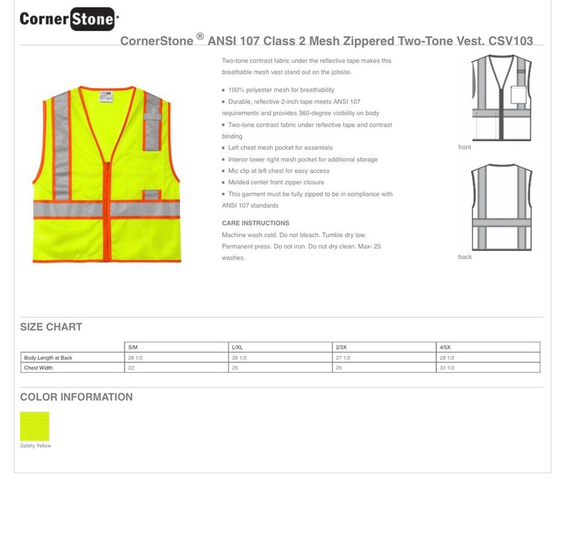 May include: A safety vest with a yellow and orange color scheme. The vest is made of mesh material and has a zipper closure. The vest is labeled as ANSI 107 Class 2 Mesh Zippered Two-Tone Vest. CSV103.