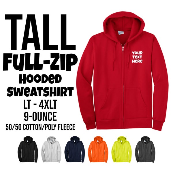 Custom Tall Zip Up Hoodie, Port & Company Tall Full-Zip Hooded Sweatshirt, Custom Tall Hoodie, Tall Custom Full Zip PC90ZHT