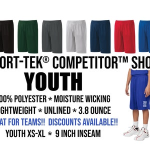 Sport-Tek YOUTH Competitor Shorts, Custom Youth Shorts, Moisture Wicking Shorts, Custom Team Shorts YST355