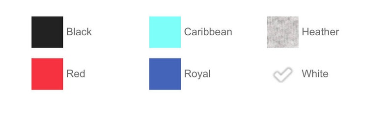 Puede incluir: Muestras de color para ropa en negro, rojo, azul claro, azul oscuro, gris y blanco. Los colores est&aacute;n etiquetados como "Negro", "Rojo", "Caribe", "Real", "Heather" y "Blanco".