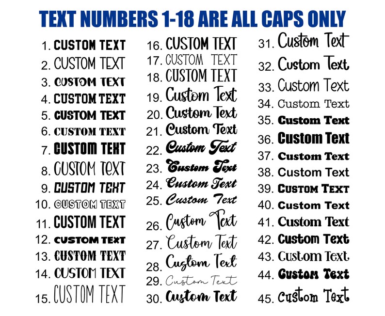 Puede incluir: Una imagen en blanco y negro con una lista de n&uacute;meros del 1 al 45. Cada n&uacute;mero va seguido del texto "CUSTOM TEXT" en may&uacute;sculas. El texto est&aacute; en una variedad de fuentes y tama&ntilde;os. El texto de los n&uacute;meros del 1 al 18 est&aacute; en may&uacute;sculas, mientras que el texto de los n&uacute;meros del 19 al 45 est&aacute; en may&uacute;sculas y min&uacute;sculas.