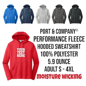 May include: Red hooded sweatshirt with the text "YOUR TEXT HERE" in white. The sweatshirt is made of performance fleece and is 100% polyester. It is 5.9 ounces and is available in sizes S-4XL. The sweatshirt is moisture wicking.