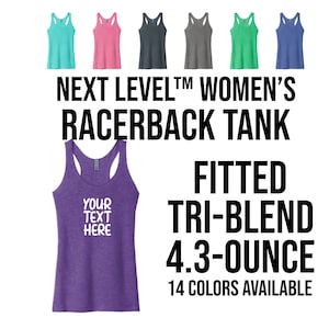 May include: Purple racerback tank top with the text "YOUR TEXT HERE" in white. The tank top is made of a fitted tri-blend fabric and weighs 4.3 ounces. 14 colors are available.