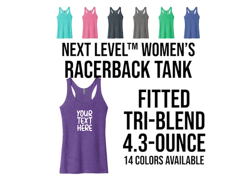 May include: Purple racerback tank top with the text "YOUR TEXT HERE" in white. The tank top is made of a fitted tri-blend fabric and weighs 4.3 ounces. 14 colors are available.