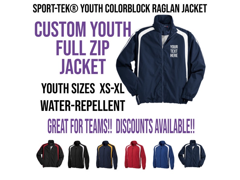 May include: A navy blue youth full zip jacket with white colorblock raglan sleeves. The jacket is water-repellent and has a zipper closure. The text "YOUR TEXT HERE" is printed on the front of the jacket. The jacket is available in youth sizes XS-XL.