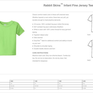 Puede incluir: Una camiseta de punto fino para beb&eacute; de color verde con el logotipo de Rabbit Skins y el texto "Infant Fine Jersey Tee. RS3322" sobre un fondo blanco. La tabla de tallas muestra las medidas en pulgadas para el ancho del pecho, la longitud del cuerpo en la espalda y la longitud de la manga.