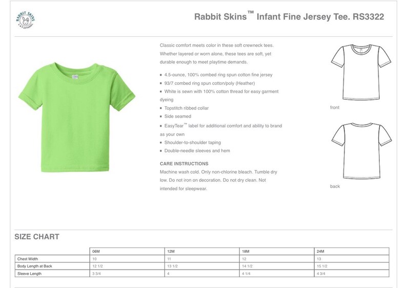 Puede incluir: Una camiseta de punto fino para beb&eacute; de color verde con el logotipo de Rabbit Skins y el texto "Infant Fine Jersey Tee. RS3322" sobre un fondo blanco. La tabla de tallas muestra las medidas en pulgadas para el ancho del pecho, la longitud del cuerpo en la espalda y la longitud de la manga.