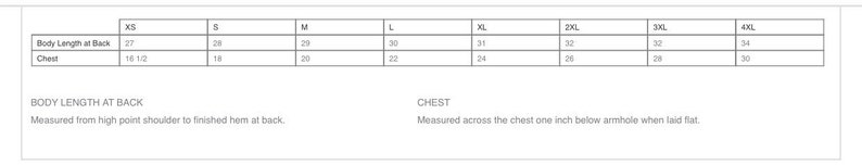 May include: Size chart for clothing with measurements in inches for body length at back and chest. Sizes include XS, S, M, L, XL, 2XL, 3XL, and 4XL.
