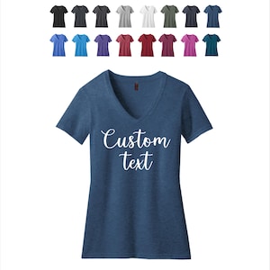 Custom Text V-Neck Tee, District Perfect Blend, Ladies DM1190L