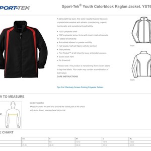 May include: Black youth colorblock raglan jacket with red and white color blocking. The jacket has side pockets, a zipper closure, and a stand-up collar. Sport-Tek&reg; Youth Colorblock Raglan Jacket. YST60