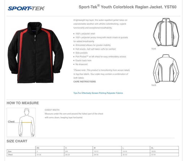 May include: Black youth colorblock raglan jacket with red and white color blocking. The jacket has side pockets, a zipper closure, and a stand-up collar. Sport-Tek&reg; Youth Colorblock Raglan Jacket. YST60