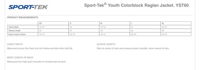 May include: Size chart for a youth colorblock raglan jacket. The chart shows chest width, sleeve length, and body length at back measurements in inches for sizes XS, S, M, L, and XL.