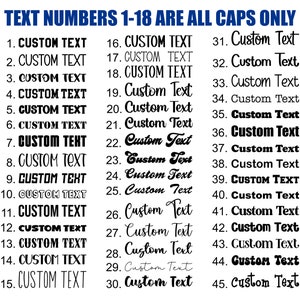 May include: A black and white image with a list of numbers 1 through 45. Each number is followed by the text "CUSTOM TEXT" in all caps. The text is in a variety of fonts and sizes. The text for numbers 1 through 18 is in all caps, while the text for numbers 19 through 45 is in a mix of upper and lowercase letters.