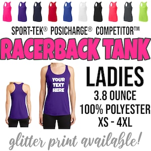 May include: A purple racerback tank top with the text "YOUR TEXT HERE" in white. The tank top is made of 100% polyester and is available in sizes XS-4XL. The tank top is 3.8 ounces and is available in a variety of colors. Glitter print is available.