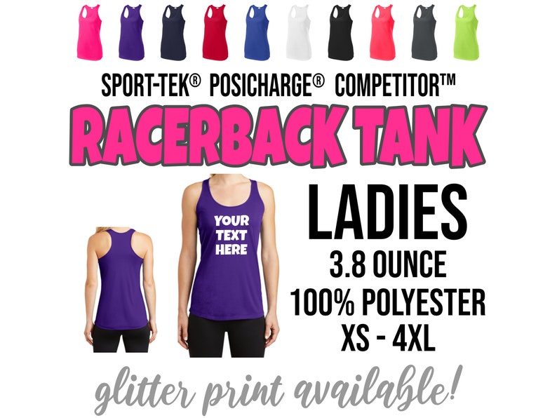 May include: A purple racerback tank top with the text "YOUR TEXT HERE" in white. The tank top is made of 100% polyester and is available in sizes XS-4XL. The tank top is 3.8 ounces and is available in a variety of colors. Glitter print is available.