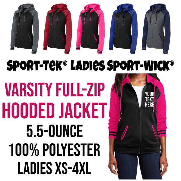 Sport-Tek® Ladies Sport-Wick® Varsity Full-Zip Hooded Jacket, Custom Jacket, Varsity Style Jacket LST236