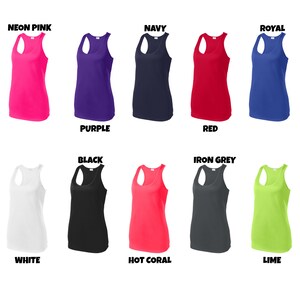 May include: A set of 10 racerback tank tops in various colors, including neon pink, purple, navy, red, royal, white, black, hot coral, iron grey, and lime.