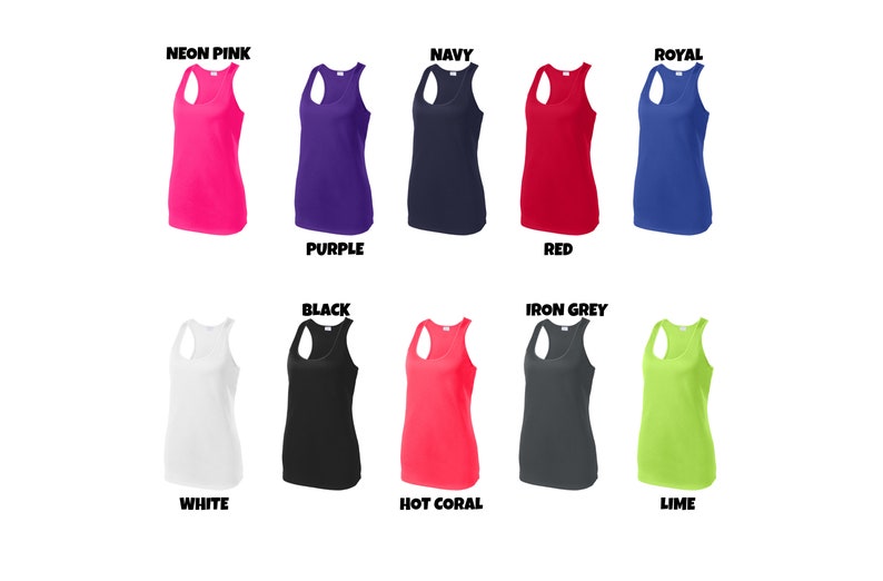 May include: A set of 10 racerback tank tops in various colors, including neon pink, purple, navy, red, royal, white, black, hot coral, iron grey, and lime.