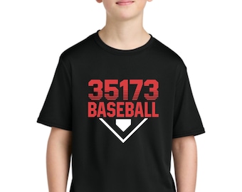 May include: Black t-shirt with the text "35173 BASEBALL" in red and a white baseball home plate graphic. The shirt is worn by a young person.