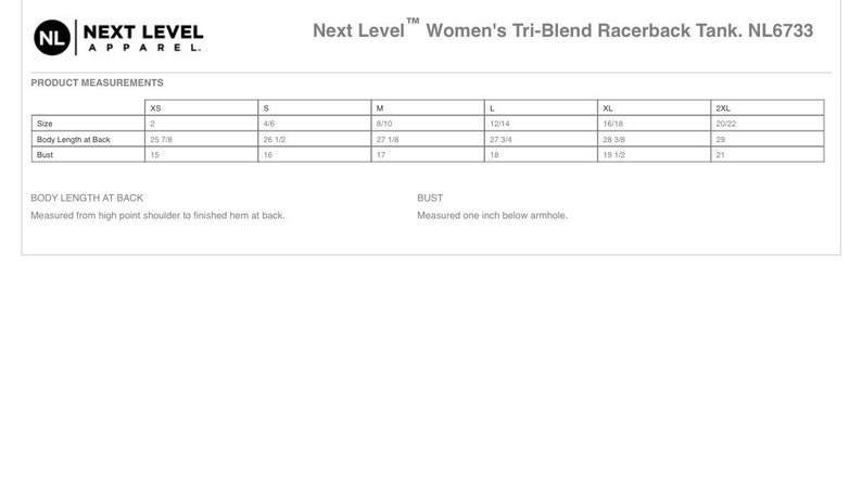May include: Size chart for a women's Tri-Blend Racerback Tank, showing measurements in inches for body length at back and bust. Sizes range from XS to 2XL.