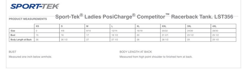 May include: Size chart for a racerback tank top with measurements in inches for bust and body length at back. Sizes range from XS to 4XL.