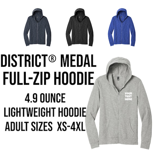 District  Medal Full-Zip Hoodie, UNISEX, Custom Full-Zip Hoodie, Lightweight Hoodie, Zip-Up Hoodie, Lightweight, Layerable DT565