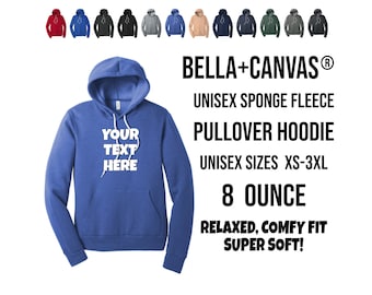 May include: A blue unisex pullover hoodie made of 8 ounce sponge fleece. The hoodie has a relaxed, comfy fit and is super soft. It features a white drawstring and a white print that says "YOUR TEXT HERE".