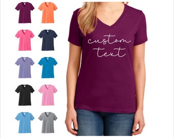 Custom Text Ladies V-Neck Tee, Personalized Cotton Shirt