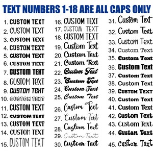 May include: A black and white image with a list of numbers 1 through 45. Each number is followed by the text "CUSTOM TEXT" in all caps. The text is in a variety of fonts and sizes. The text for numbers 1 through 18 is in all caps, while the text for numbers 19 through 45 is in a mix of upper and lowercase letters.