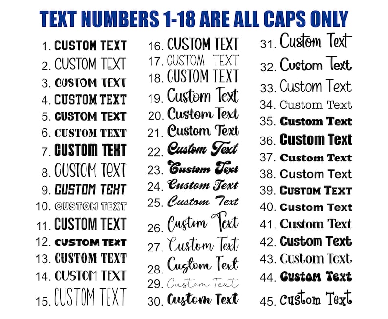 May include: A black and white image with a list of numbers 1 through 45. Each number is followed by the text "CUSTOM TEXT" in all caps. The text is in a variety of fonts and sizes. The text for numbers 1 through 18 is in all caps, while the text for numbers 19 through 45 is in a mix of upper and lowercase letters.