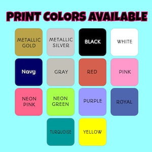 Puede incluir: Un gr&aacute;fico que muestra 14 colores de impresi&oacute;n diferentes disponibles, incluyendo oro met&aacute;lico, plata met&aacute;lica, negro, blanco, azul marino, gris, rojo, rosa, rosa ne&oacute;n, verde ne&oacute;n, morado, azul real, turquesa y amarillo.