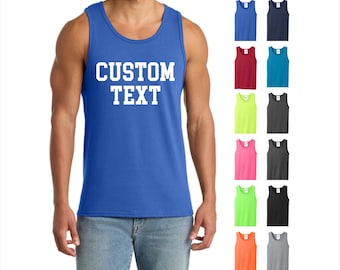 May include: A royal blue tank top with the words "CUSTOM TEXT" in white block letters. The image also shows a variety of tank tops in different colors, including blue, navy, red, teal, neon green, pink, lime green, orange, black, and gray.