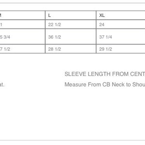 May include: Size chart for clothing with measurements in inches for chest, sleeve length from center back, and body length at back. Sizes range from XS to 4XL.