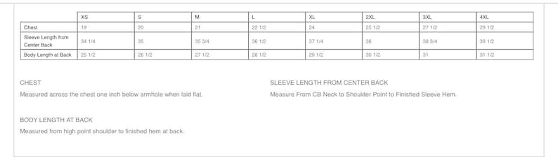 May include: Size chart for clothing with measurements in inches for chest, sleeve length from center back, and body length at back. Sizes range from XS to 4XL.