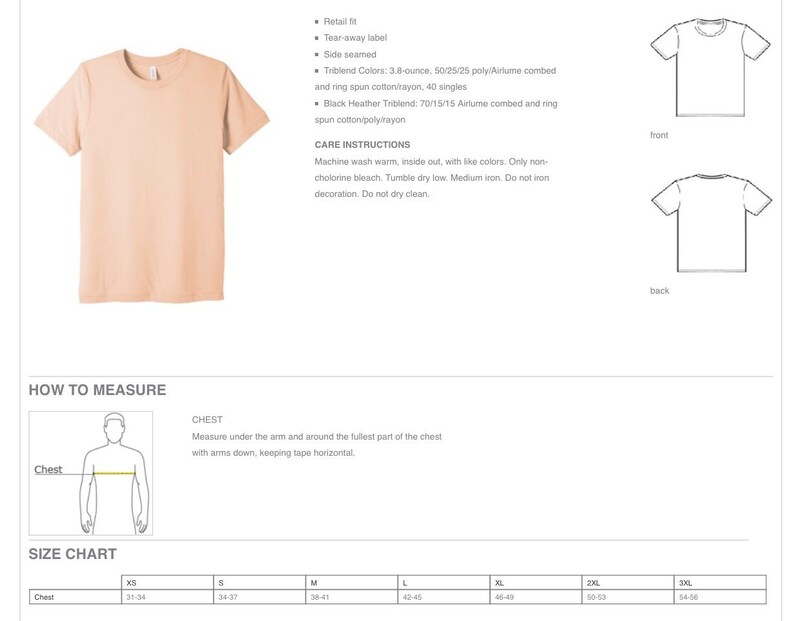 May include: Size chart for a t-shirt with measurements in inches for chest sizes XS to 3XL. The chart shows the measurements for each size, with the chest measurement listed as 31-34 inches for XS, 34-37 inches for S, 38-41 inches for M, 42-45 inches for L, 46-49 inches for XL, 50-53 inches for 2XL, and 54-58 inches for 3XL.
