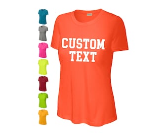 May include: Orange t-shirt with white text that says "CUSTOM TEXT".