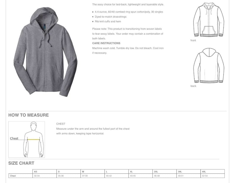 May include: A gray hooded zip-up sweatshirt with a front pocket. The easy choice for laid-back, lightweight and layerable style. 4.4-ounce, 60/40 combed ring spun cotton poly, 30 singles. Dyed-to-match drawstrings. Rib knit cuffs and hem.  Care instructions: Machine wash cold. Tumble dry low. Do not bleach. Cool iron if necessary.