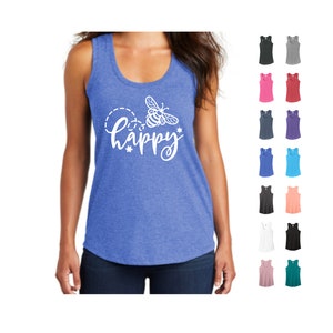 Bee Happy Racerback Tank: Inspirational Ladies Tri-Blend Top