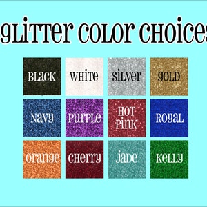 May include: Glitter color choices for crafts and projects.  The colors include black, white, silver, gold, navy, purple, hot pink, royal blue, orange, cherry red, jade green, and kelly green.