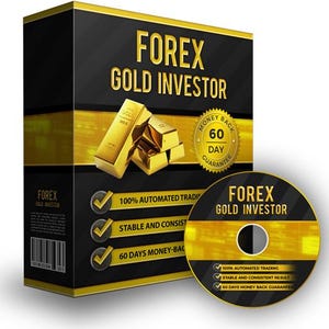 Puede incluir: Una caja negra y dorada con el texto "FOREX GOLD INVESTOR" en la parte delantera. La caja tiene una garantía de devolución de dinero de 60 días y presenta un diseño de barra de oro. La caja viene acompañada de un disco dorado con el mismo texto y diseño.