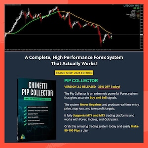 May include: A red and black digital product advertisement for a forex trading system called "Chinnetti Pip Collector". The ad features a chart of a currency pair, a description of the system's features, and a call to action to "Make 80-100 Pips a day".