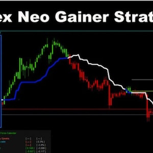 May include: A computer screen displaying a Forex Neo Gainer Strategy chart with a blue, white, and red line graph. The chart shows the currency pair AUDNZD with a current price of 1.05320. The chart also shows the current trend, strength, and analysis for different timeframes.