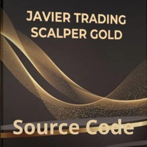 Op de afbeelding: Een zwarte achtergrond met gouden tekst die "Javier Trading Scalper Gold" en "Source Code" luidt.