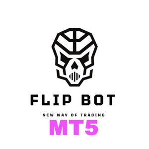 Op de afbeelding: Een logo met een gestileerd zwart schedelontwerp boven de tekst "FLIP BOT". Daaronder staat "NEW WAY OF TRADING" en "MT5" in roze. Op een witte achtergrond.